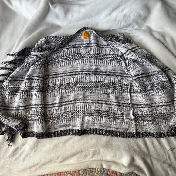 Ruby Rd Black, White and Metallic Open Cardigan Sweater Blazer Fringe Trim Large - Picture 8 of 10